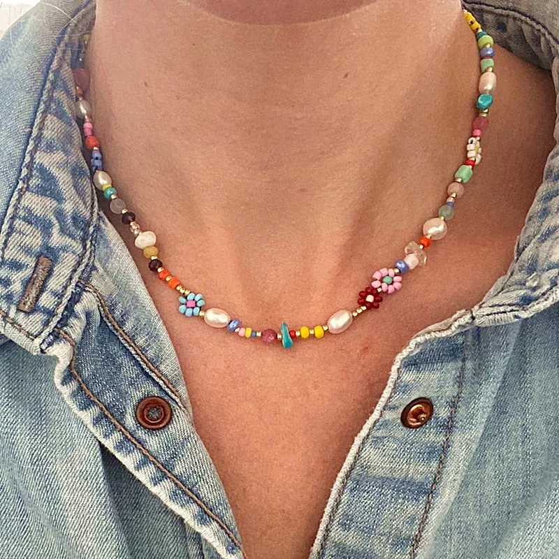 Ожерелье женское богемное ручной работы с речным жемчугом |