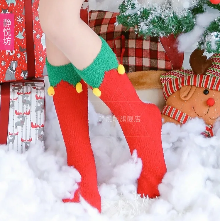 Japanese Christmas coral velvet floor socks thigh socks adult calf socks Christmas tree elk Christmas accessories props