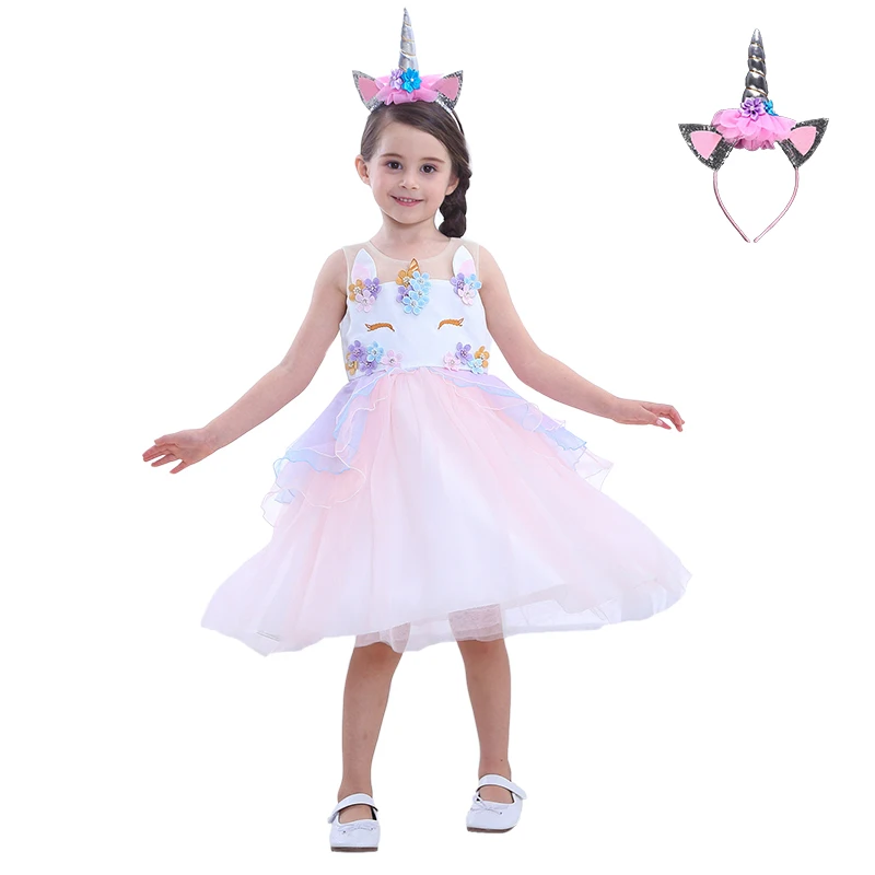 Единорог Платье для девочек добавить повязка на голову Детские платья