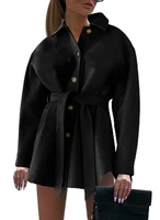 women fashion with belt loose woolen vneck button jacket coat vintage long sleeve side pockets female outerwear chic overcoat