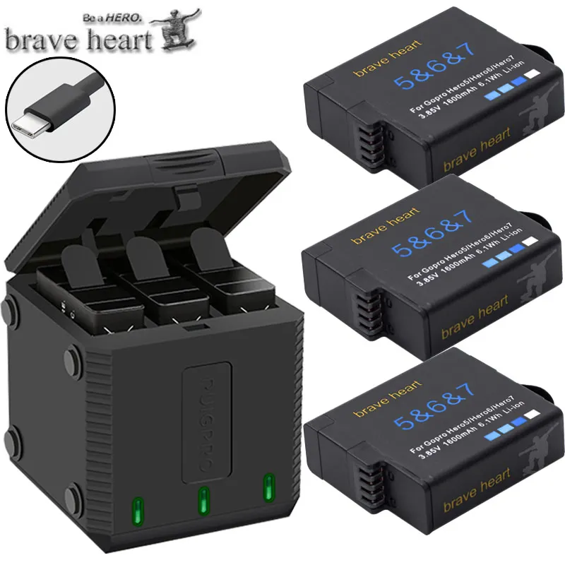 charger and 3battery Зарядное устройство с 3 портами+ аккумулятор для Gopro hero 5 6, аккумулятор 1600 мАч, аккумулятор для Gopro Go Pro hero 5 hero 6 hero 7, аксессуары для камеры - Цвет: charger and 3battery