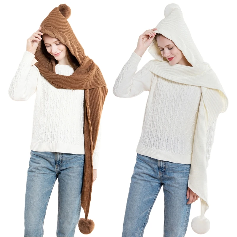 

Women Winter 2 In 1 Hooded Hat Scarf Cute Pompom Knitted Shawl Wrap Earflap Cap 85WB