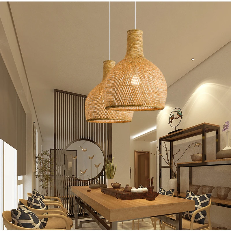 Круглая бамбуковая плетеная Подвесная лампа ротанговый каркас с затеняющим