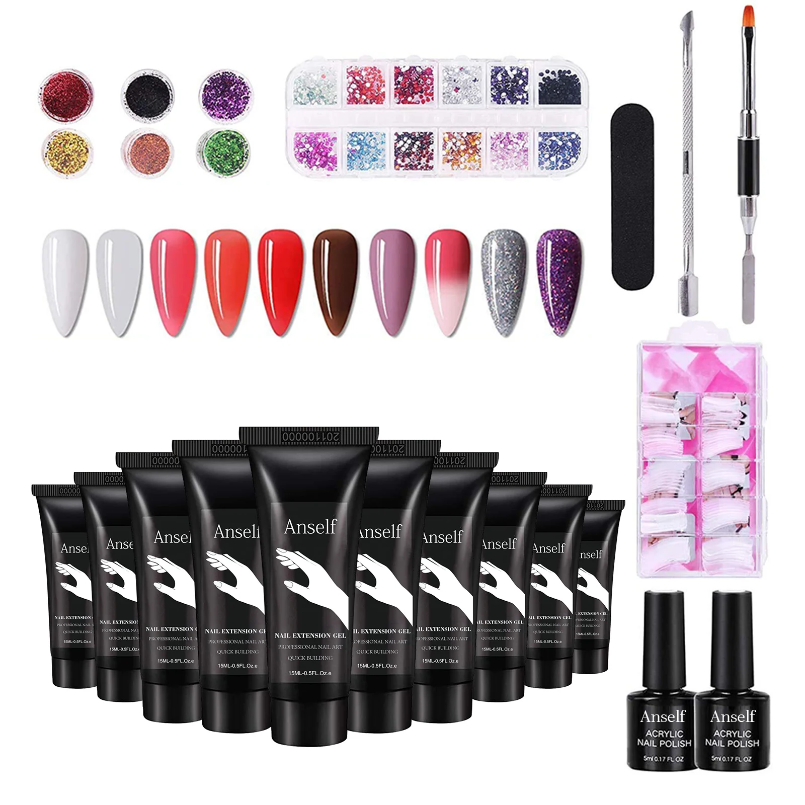 Набор гель лаков для ногтей Anself 10 цветов базовое и топовое покрытие 6 порошок