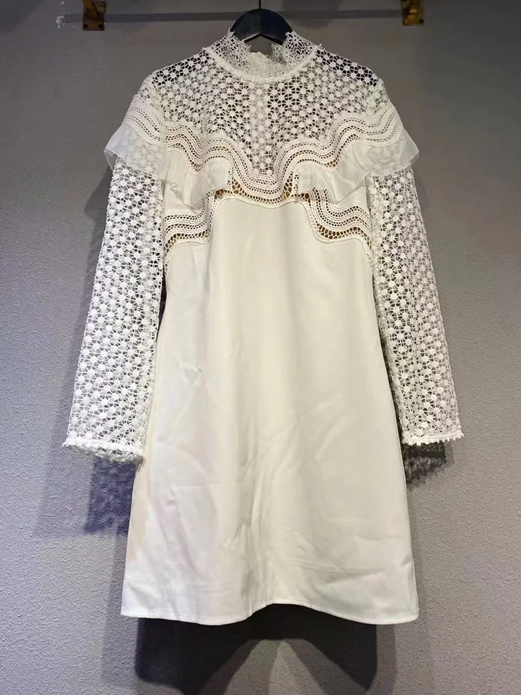 

Heavy craftsmanship stitching water-soluble lace frills sexy hollow waist waist bag straight dress ladies autumn new style