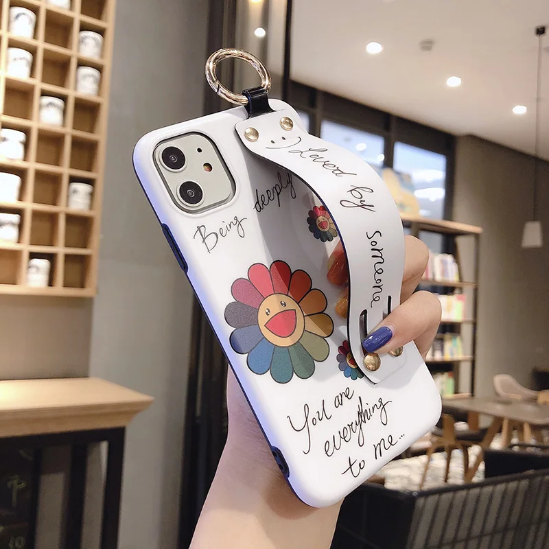 Чехол с подсолнухом для iPhone 11 Pro X XR XS Max 7 8 Plus, чехол с милым ремешком, подставка для телефона, чехол для iPhone 7 8 6S Plus