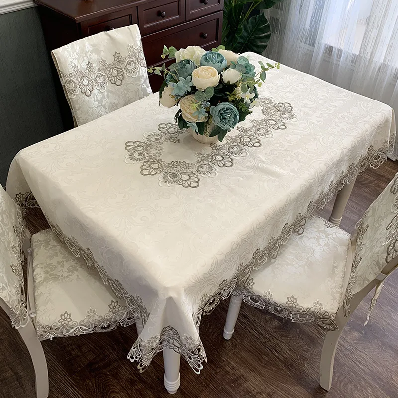 

Luxury Embroidered Dining Tablecloth Fabric Lace Rectangle Lace Round Table Home Cover Flower Elegant Hollow Out Table Cloth