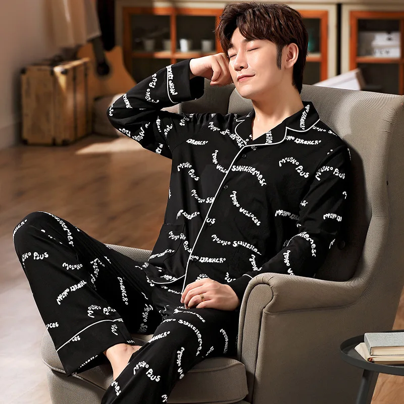 

Ensemble Homme Pajamas Men's Spring and Autumn Cardigan Thin Long-sleeved Trousers Home Wear Loose Large Size Cotton Suit 2020