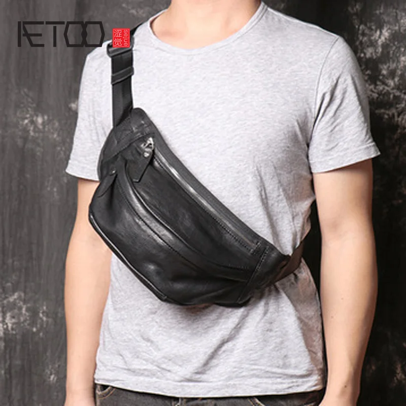 

AETOO Vegetable tanned cowhide belt bag male retro leather messenger bag casual sports small bag first layer cowhide shoulder ba