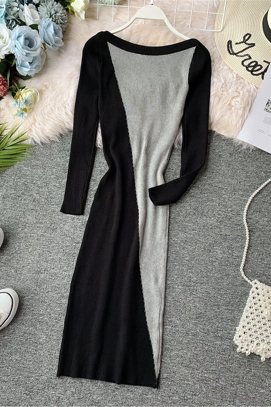 

2019 autumn and Winter new women's slash neck long sleeve color block knitted Button Dress female elegant sheath sweater dresses