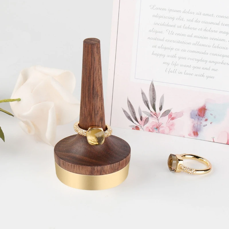 

1Pc High Quality Wooden Ring Holder Black Walnut Wood Ring Display Brass Stand Engagement Ring Jewelry Modern Display Holder