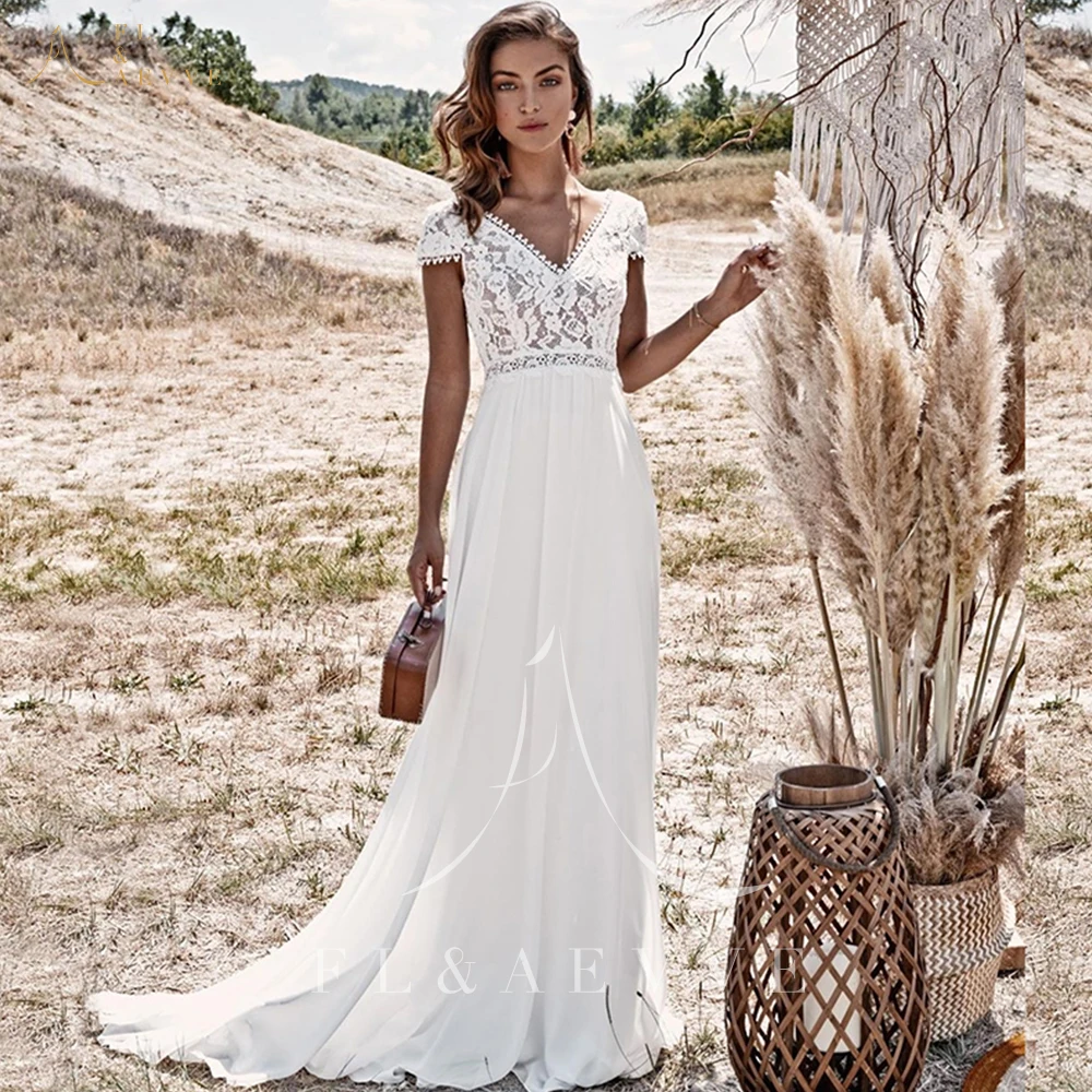 

Romantic White Lace Backless Wedding Dresses Short Chiffon A-line Bridal Gowns Appliques Women Dress Plus Size Robe De Mariée