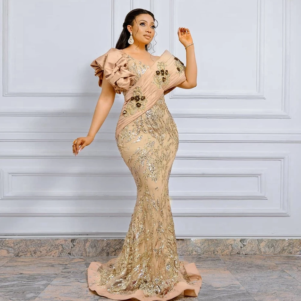 

Elegant Applique Sequined Off The Shoulder Mermaid Evening Party Dress Floor Length Short Sleeve Woman Prom Gown Plus Size