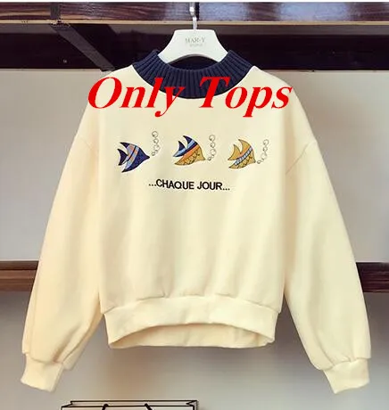 Only Tops Осенняя новая толстовка юбка Студенческие костюмы модные женские мультфильм вышивка в виде рыбы пуловеры с надписями Топы+ однотонная трикотажная юбка комплект - Цвет: Only Tops