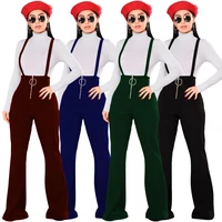 round button zipper lace up women overall clubwear summer suspender pants strap high waist bib pants casual loose long trousers