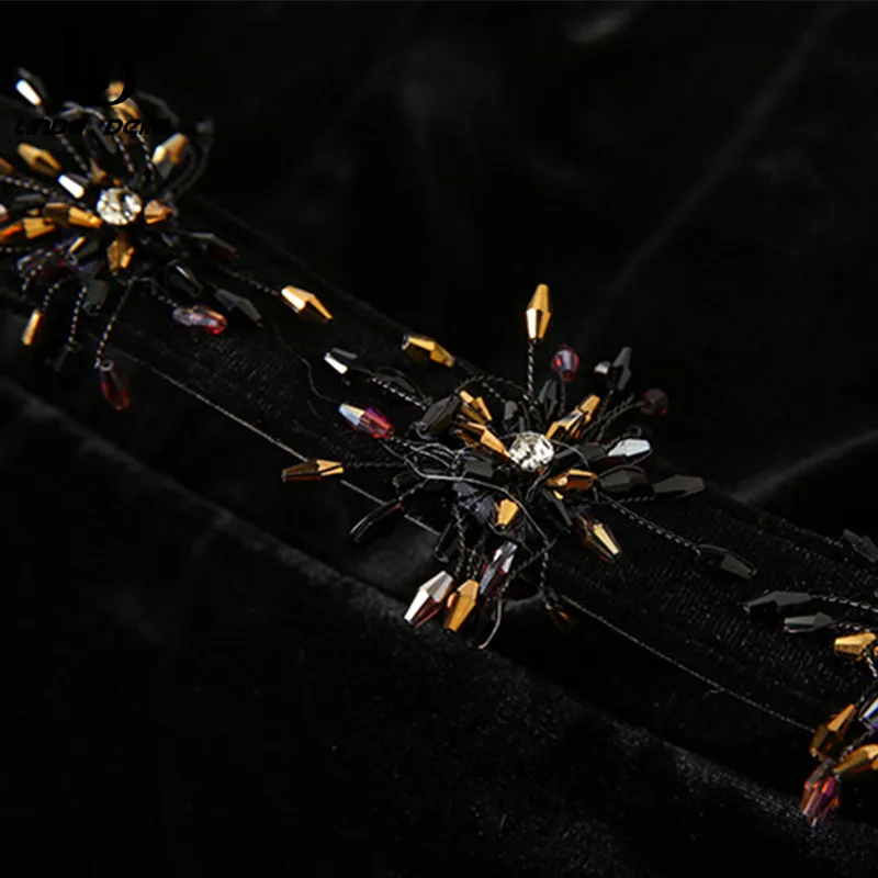 

LD LINDA DELLA 2021 Summer New Fashion Runway Black Velvet Dress Women Long Sleeve Floral hollow out Embroidered Elegant Dress