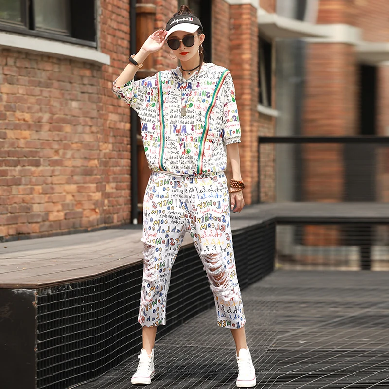 安い ツーピースセットスポーツトラックスーツ女性原宿パーカー共同ordラウンジジュアルウェアスウェットスーツ2破壊デニムジーンズをリッピング個