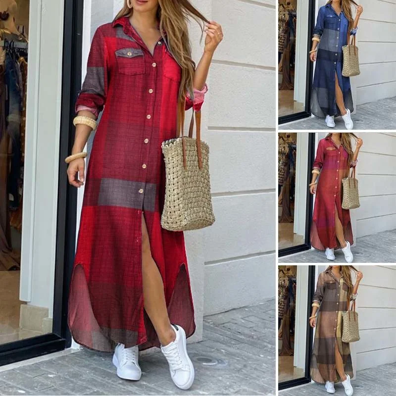 

Long Mouw Dress Controlled Plaid Clothing Maxi Beach Dress Summer Elegant Women Button Long Shirt Dress Split Print Revers Party