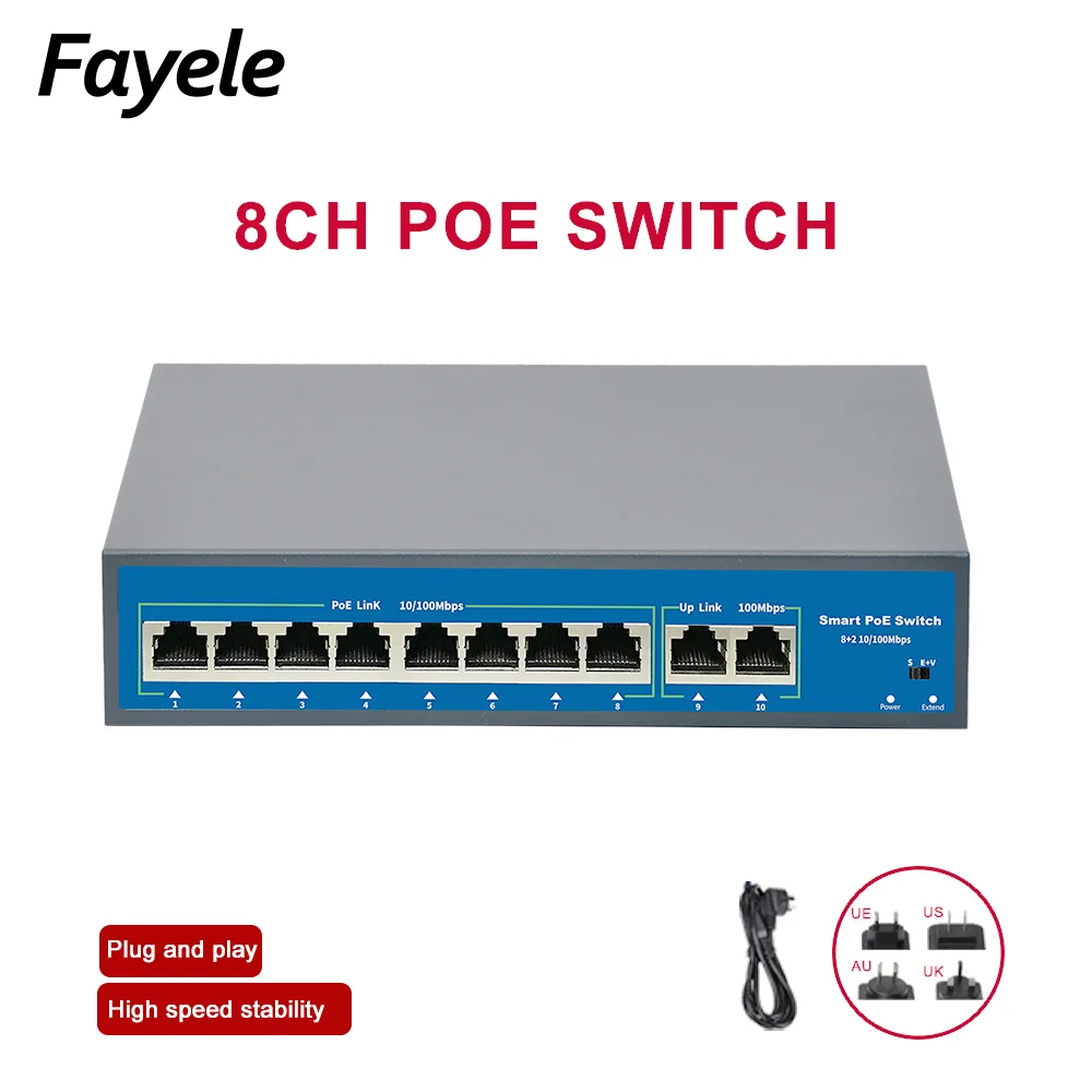 Стандартный коммутатор POE 48 В 8 каналов 15 4 Вт/30 Вт IEEE 802.3af/IEEE 802.3at 2 порта uplink 120 для