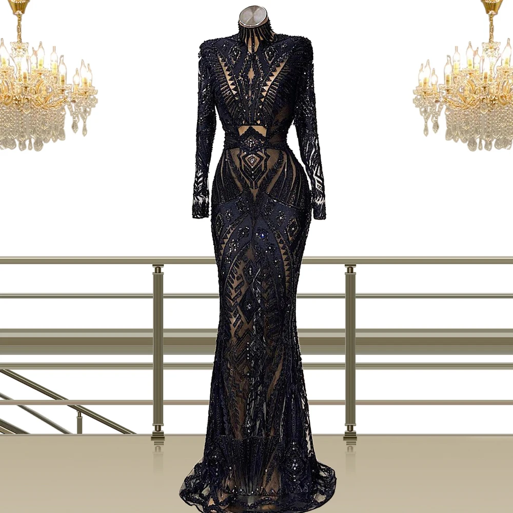 

Robes Beaded Lace High Neck Long Sleeves Mermaid Black Gown