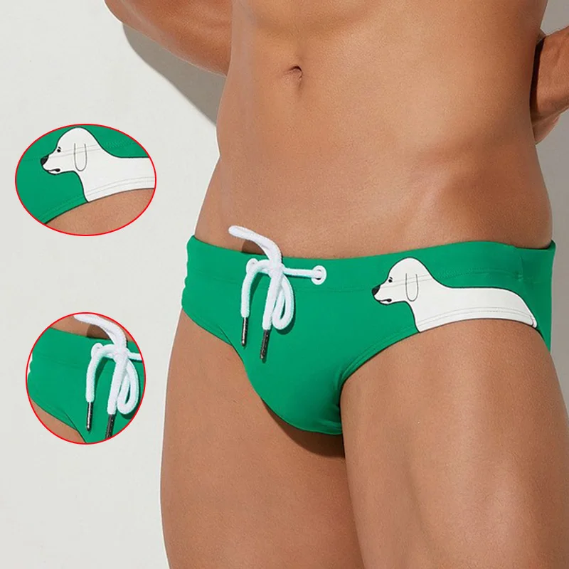 

Summer Men's Solid Swimming Trunks Cartoon Dog Briefs Sexy Bikini Swimsuit Male Beachwear Tights Fit Surf Shorts Comfy Swimwear
