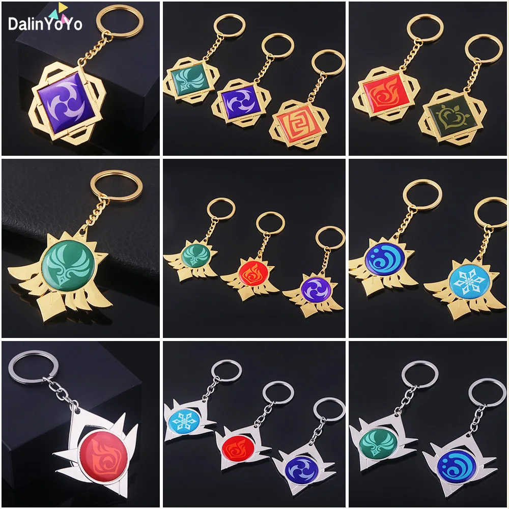

Genshin Impact Mondstadt Keychains Metal Jewelry Cosplay Key Chain 7 Element Weapons Luminous Eye of God Key Ring Jewelry Gift