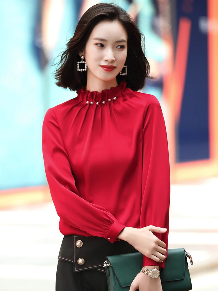 Блузка женская с длинным рукавом Офисная элегантная красная рубашка в офисном