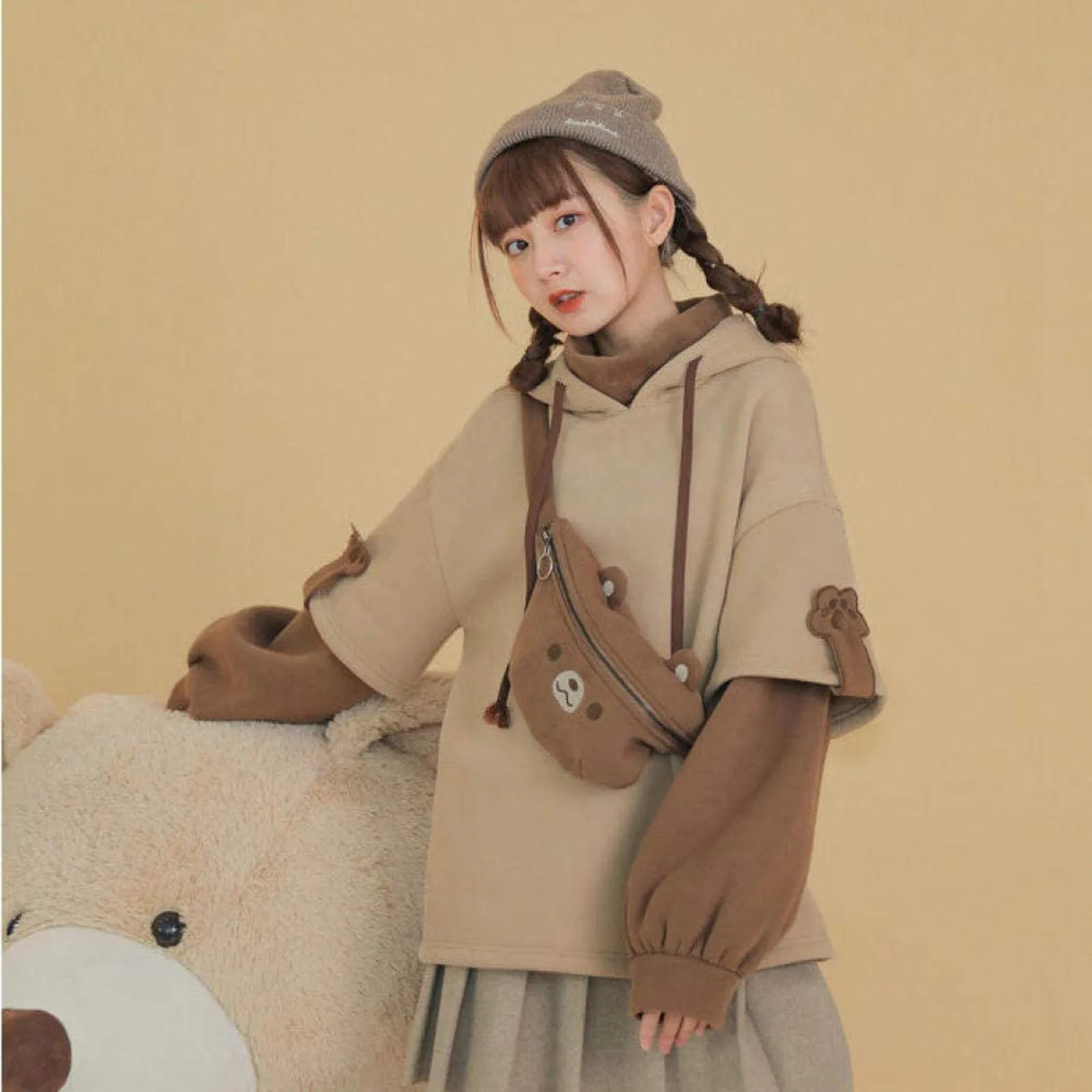 women sweetshirts Brown Bear Hoodie Cute Autumn Winter Long Sseeve Sweatshirt Personality Bag Oversized Pullover толстовки