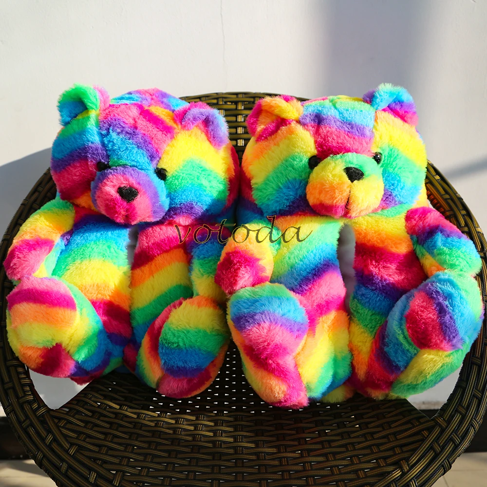 Teddy Bear Slippers Women Cute Cartoon Slides Furry Warm Soft Shoes Home Non-slip Cotton Flip Flops Rainbow Teddies Bear Slipper best house slippers