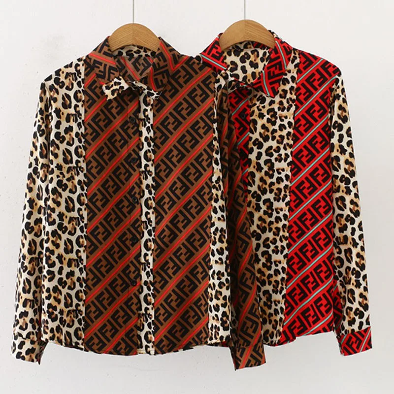 Женская винтажная блузка с леопардовым принтом X свободная однобортная