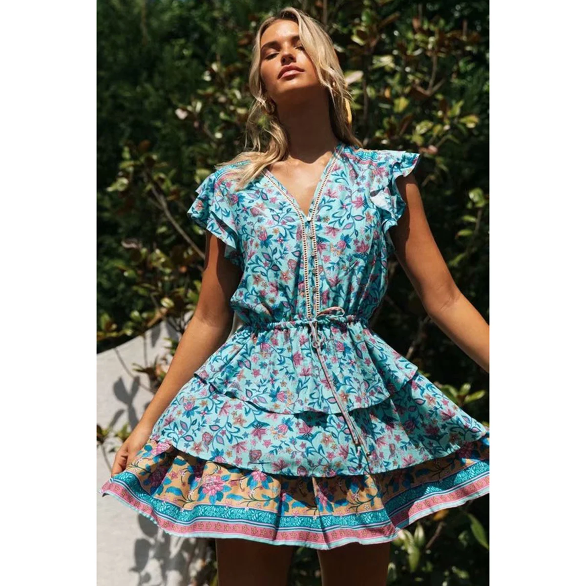 Летние хиппи с цветочным принтом мини рукава короткий рукав v образный вырез