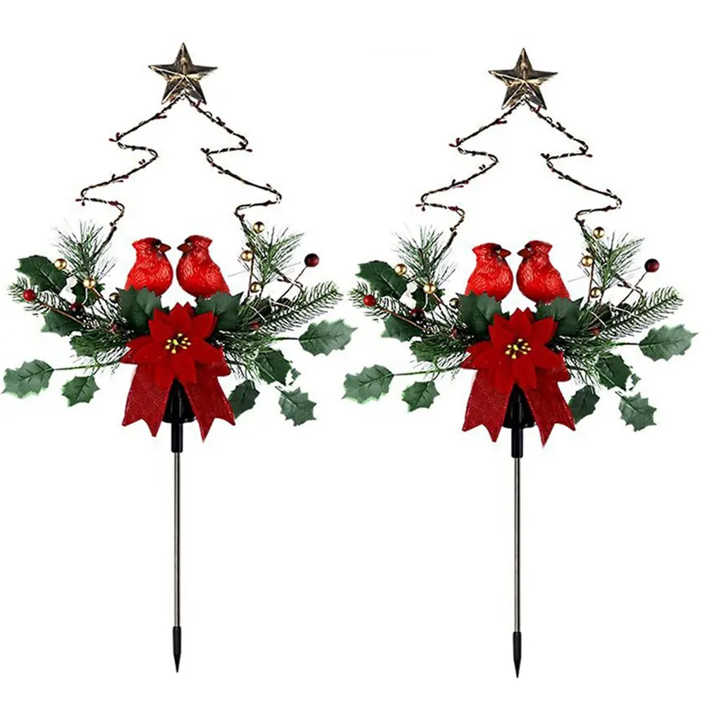 

Solar LED Lights Outdoor Waterproof Red Birds Xmas Tree Pathway Lights Cemetery Grave Decorations Stakes For Garden Lawn Yard