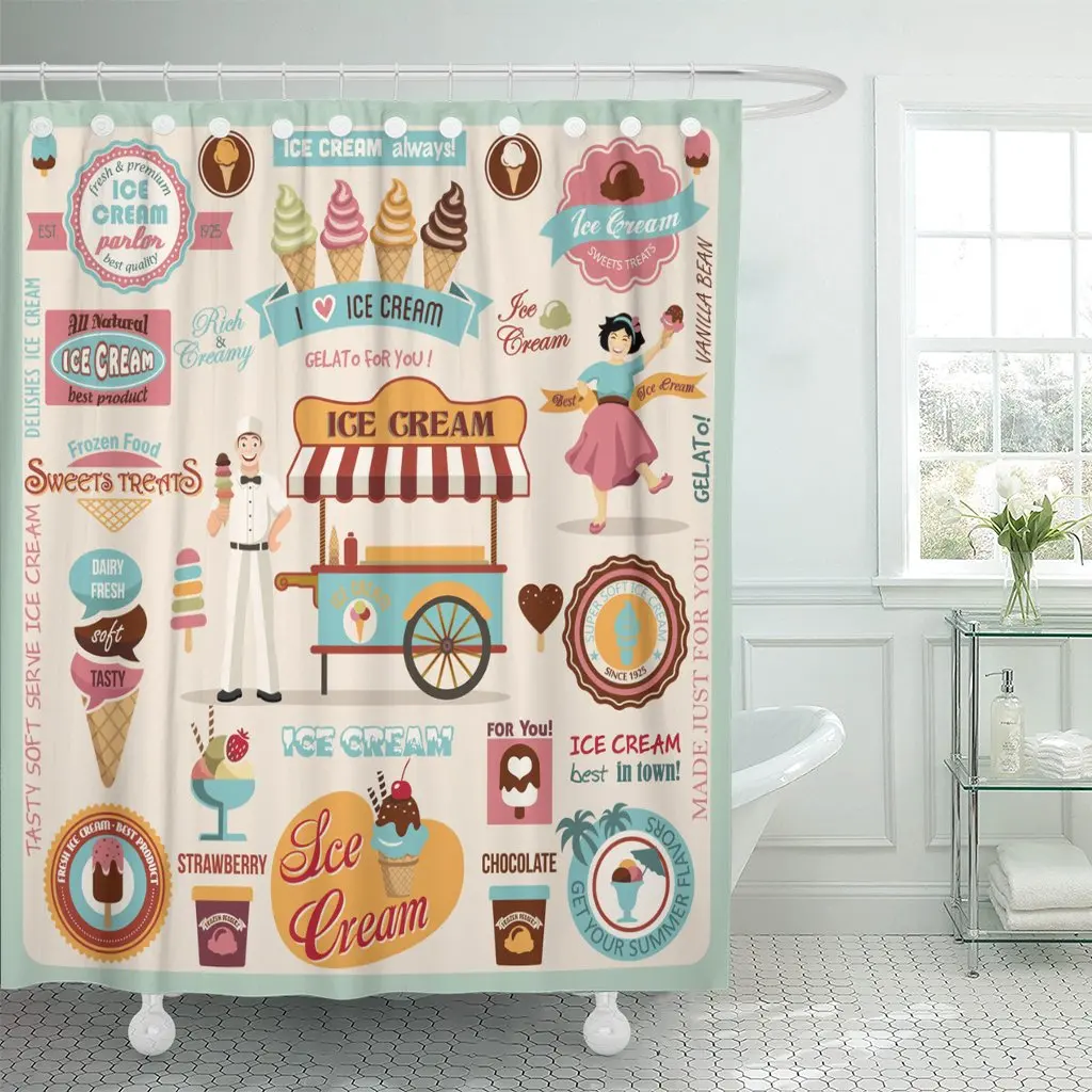 

Занавеска для душа в стиле ретро с изображением мороженого, водостойкая, из полиэстера, 60x72 дюйма, с крючками