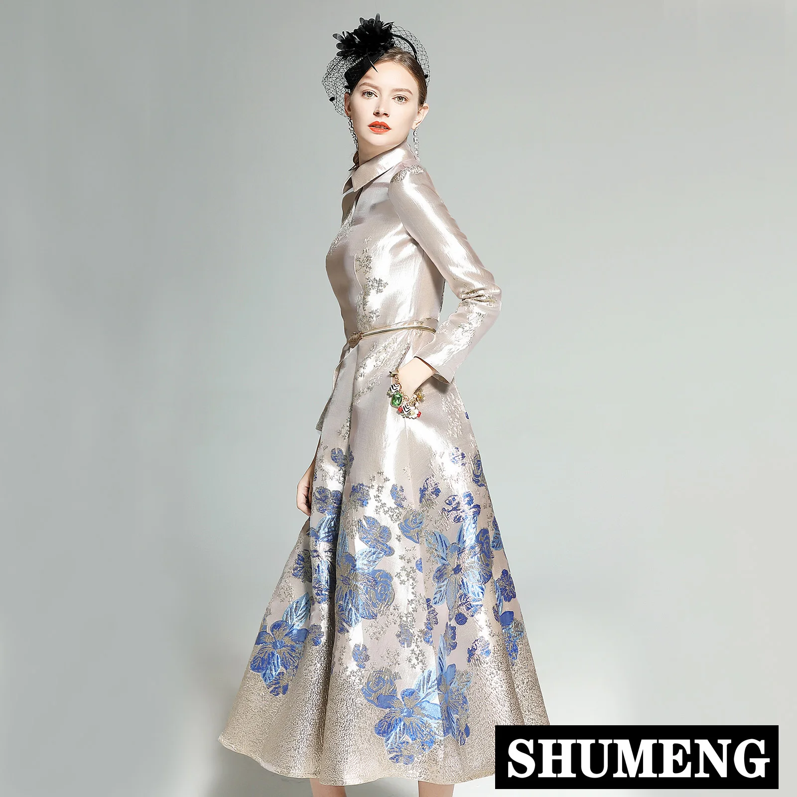 Женское жаккардовое платье с отложным воротником Элегантное Длинное