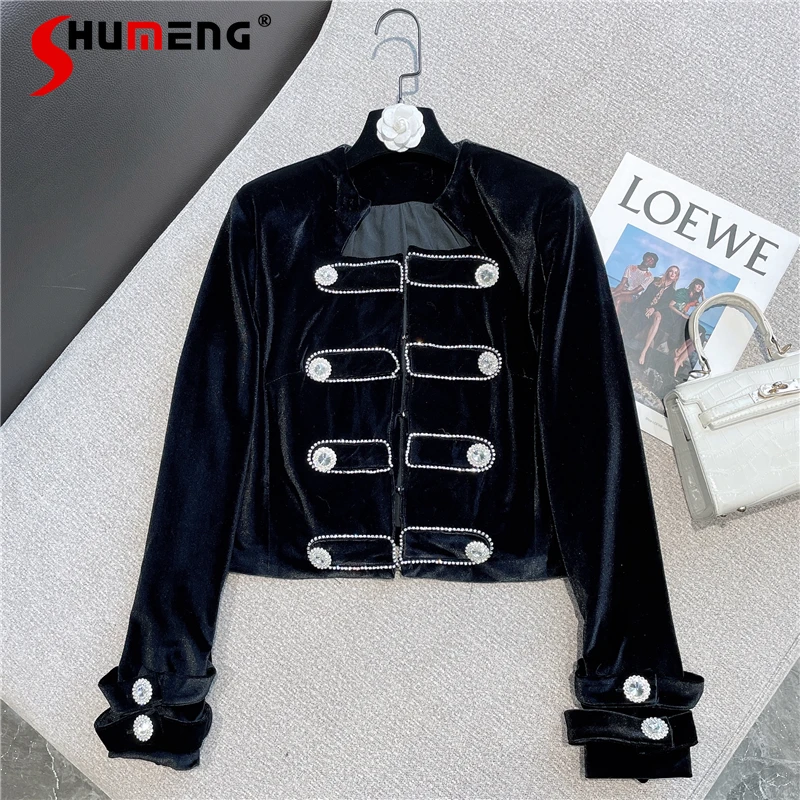 

2021 Autumn and Winter New Women's French Style Rhinestone Buckle Jacket Ladiesw Fashion Solid Slimming Long Sleeves Velvet Coat