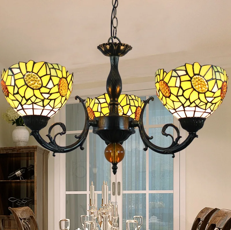 

European-Style Retro Creative Tiffany Multi-Color Glass Restaurant Bedroom Bar Pastoral Yellow Taiyanghua 3-Head Chandelier