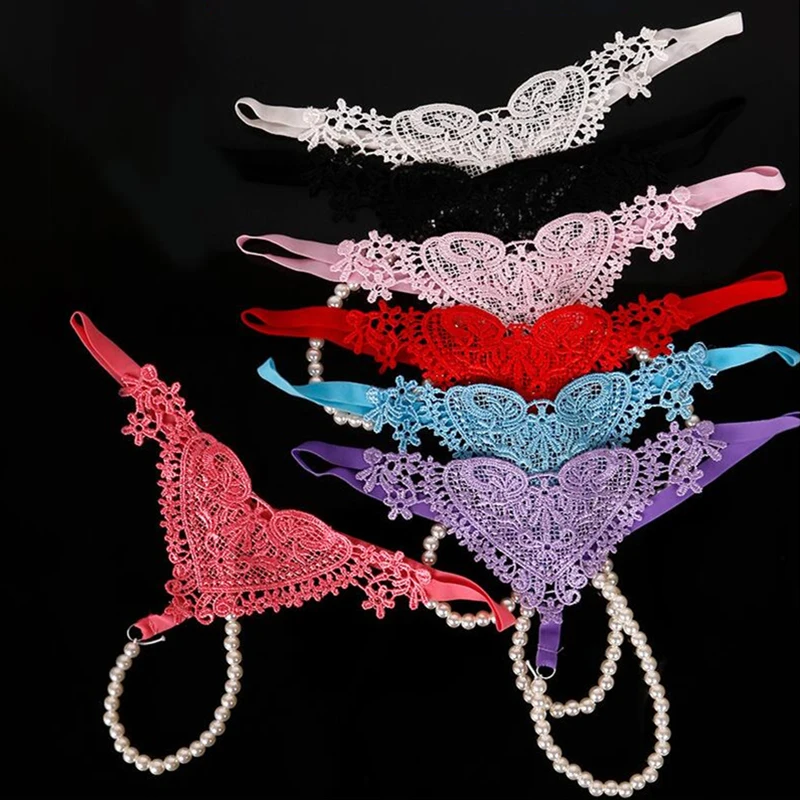

Heart Cut Embroidery Women Thongs And G strings Transparent Briefs Sexy Lace Panties With Massage Beadings Erotic Underwear