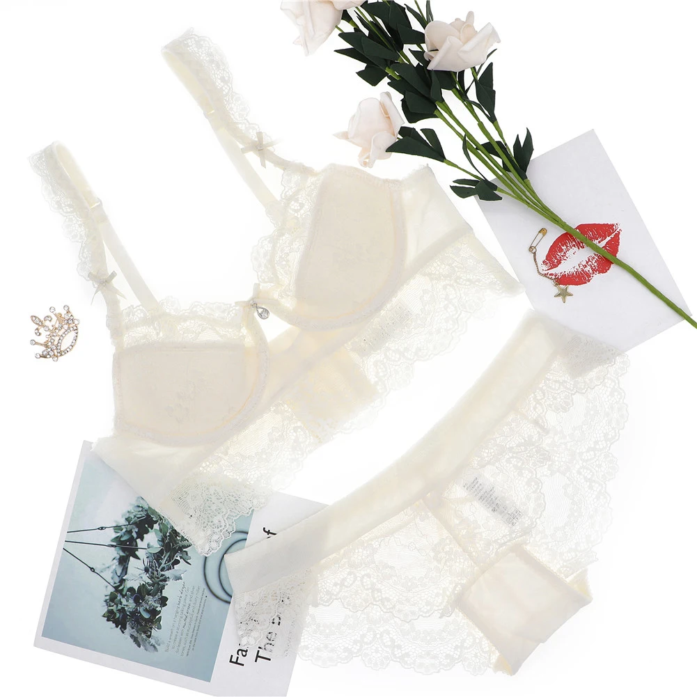 cream white Varsbaby, модное сексуальное кружевное нижнее белье, тонкая чашка, пуш-ап, нижнее белье, полый бант, размера плюс, 32ABCD-42CD, комплект с бюстгальтером - Цвет: cream white