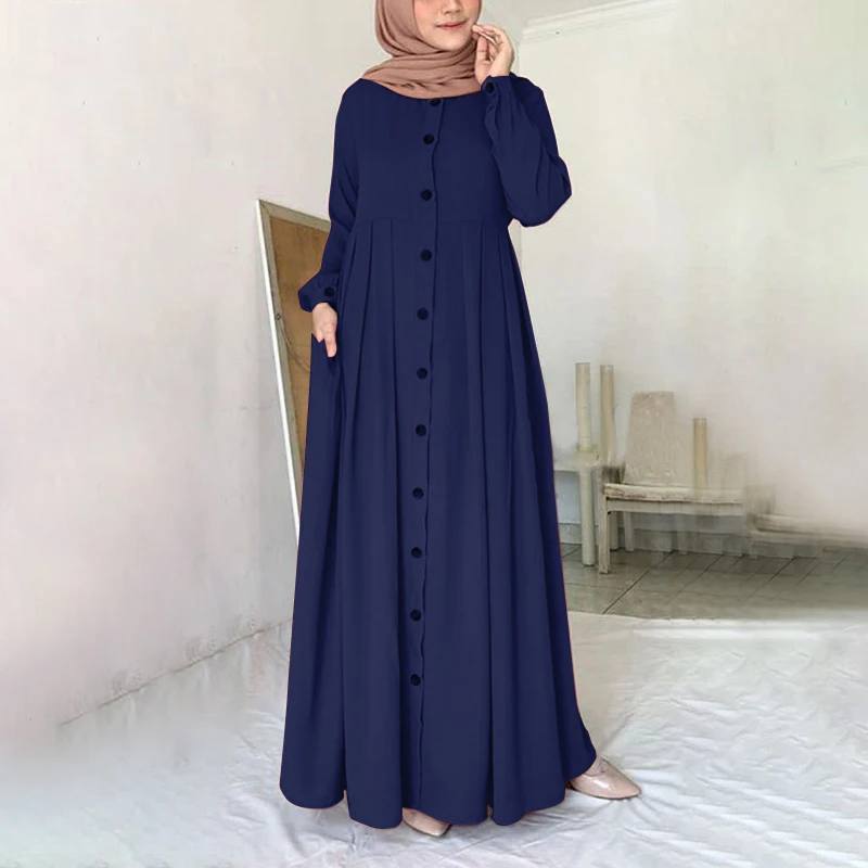 

Women Muslim Dubai Abaya Turkey Hijab Dress Turkey Autumn Long Sleeve Buttons Down Sundress Islam Clothing Abayas Maxi Vestidos