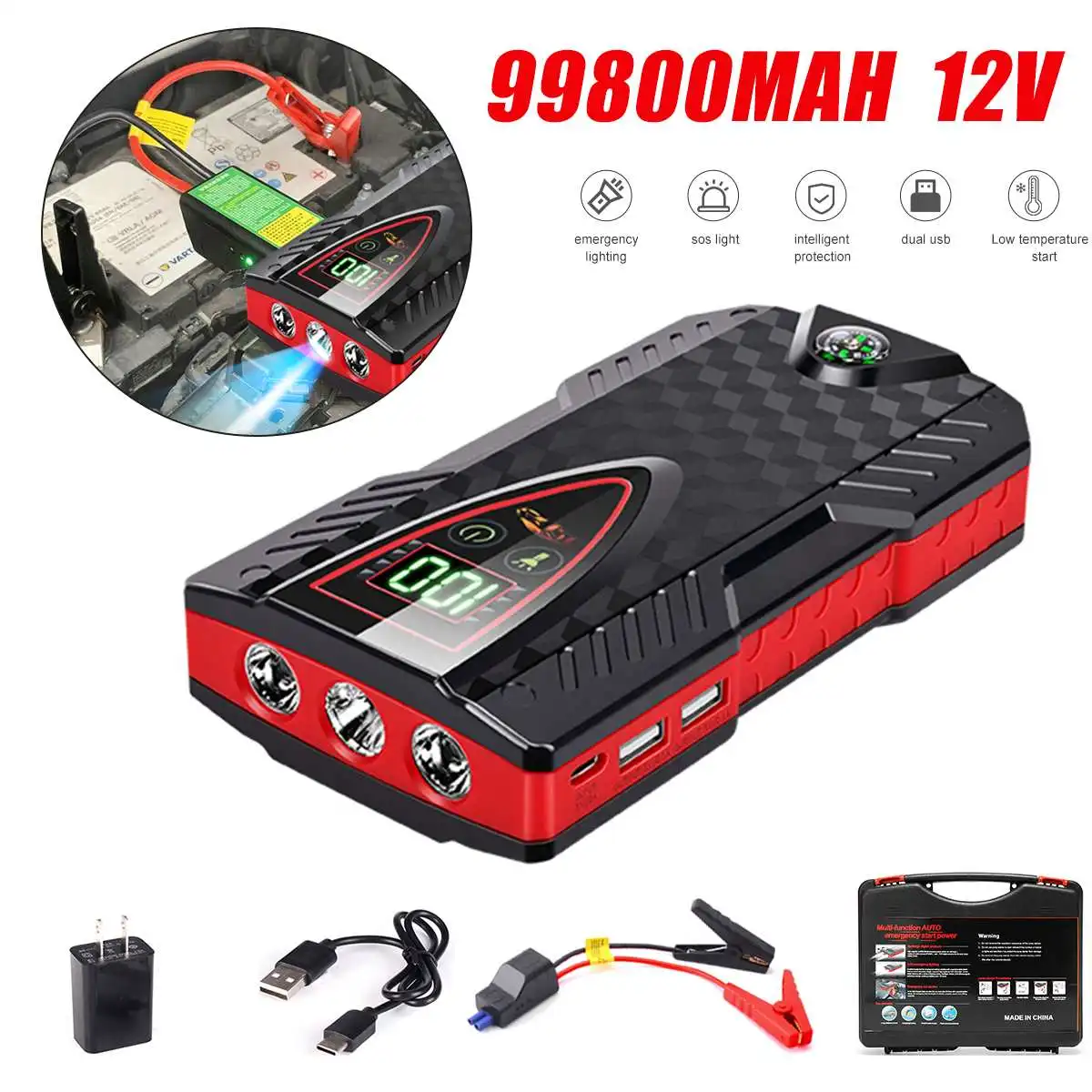 

99800mAh Car Jump Starter Car Buster 12V Vehicle Emergency Battery Auto Booster Battery Starter Power Bank Powerful LED Light