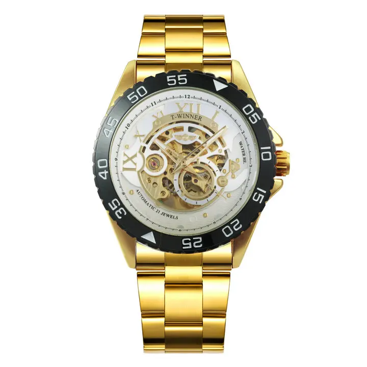 GOLDEN WHITE WINNER Официальный Бизнес для мужчин s автоматические часы лучший бренд класса люкс Скелет механические часы для мужчин нержавеющая сталь Ремешок наручные часы - Цвет: GOLDEN WHITE