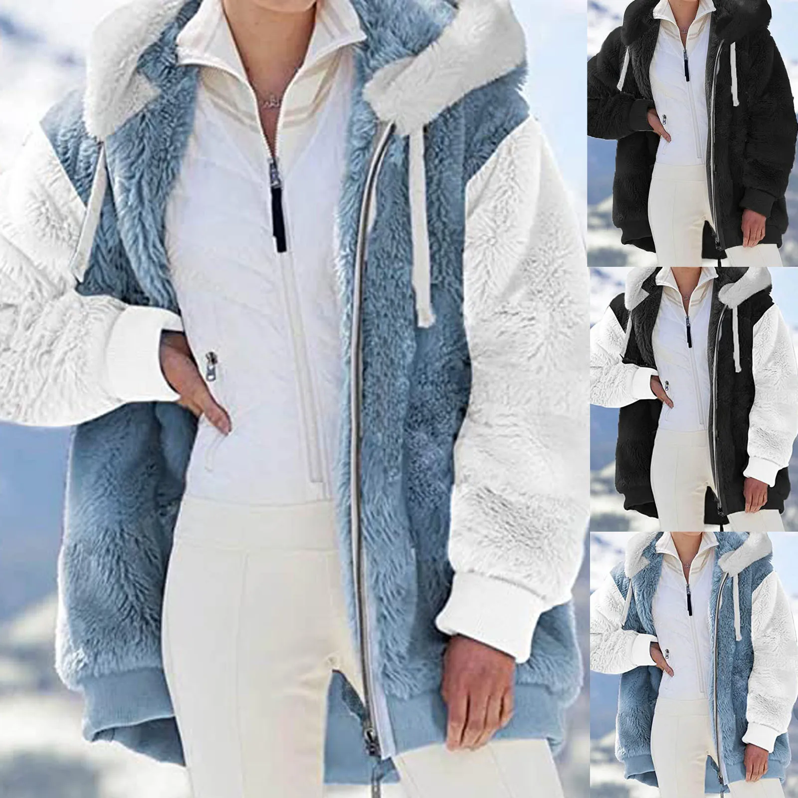 

2021 New Autumn and Winter Loose Plush Multi-color Stitching Hooded Jacket Women's Padded Jacket