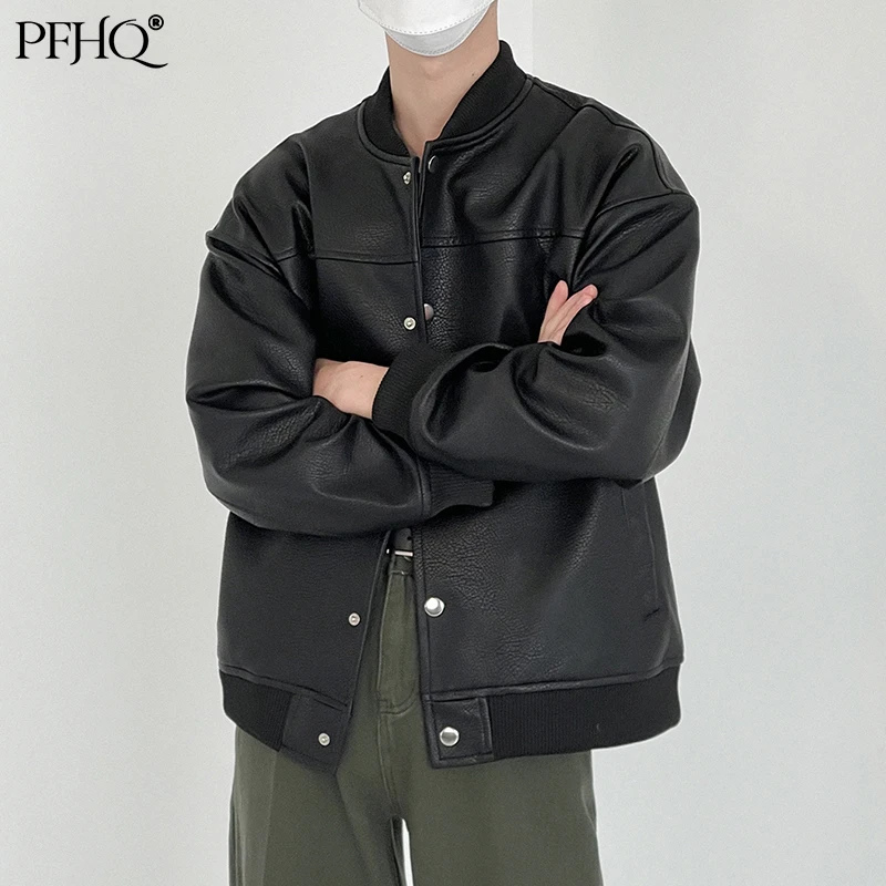 

PFHQ Baseball Collar PU Leather Jacket Men's Loose Short Coat Ins Tide Korean High-quality Jackets Spring Autumn New 21D1155