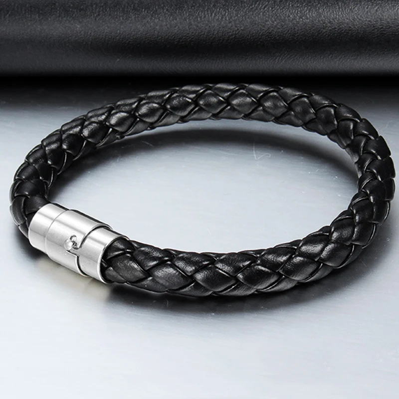 Punk Classic Style Men Women Leather Bracelet Simple Black Stainless Steel Button Neutral Accessories Hand-woven Bangles | Украшения и