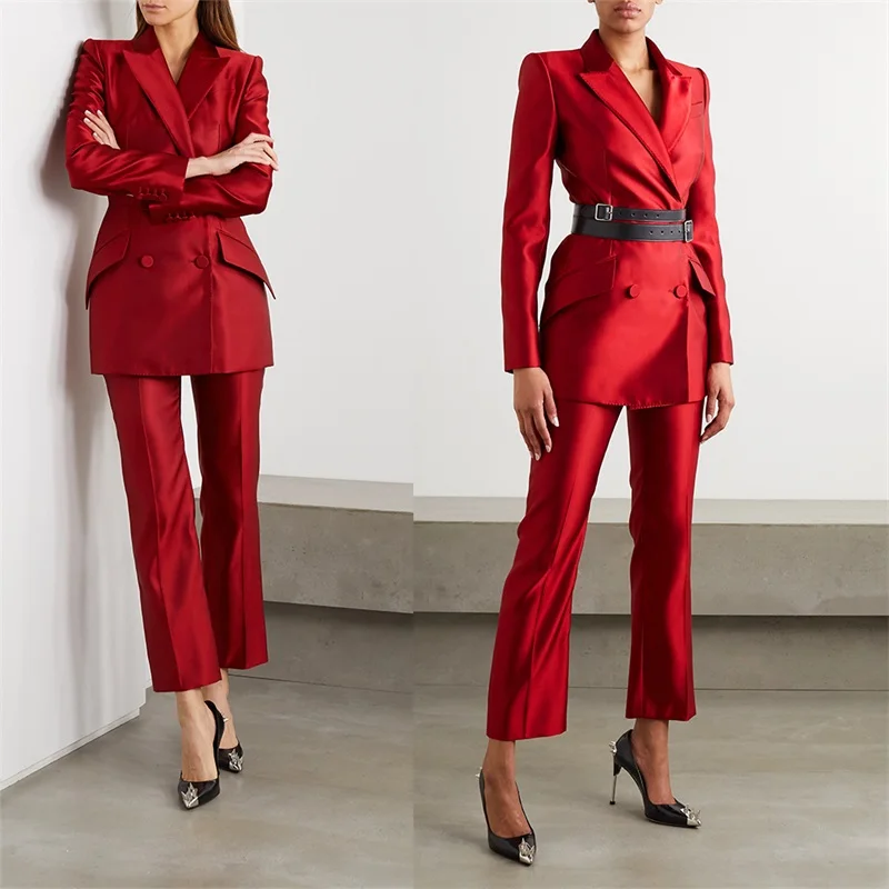 Elegant Red Women Suits Peaked Lapel Blazer+Pant Custom Made High Quality Formal 2 Pieces Suit Set Daily Wear
