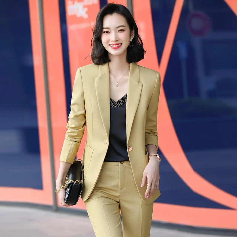 Элегантные желтые женские деловые костюмы для офиса на весну и осень рабочая