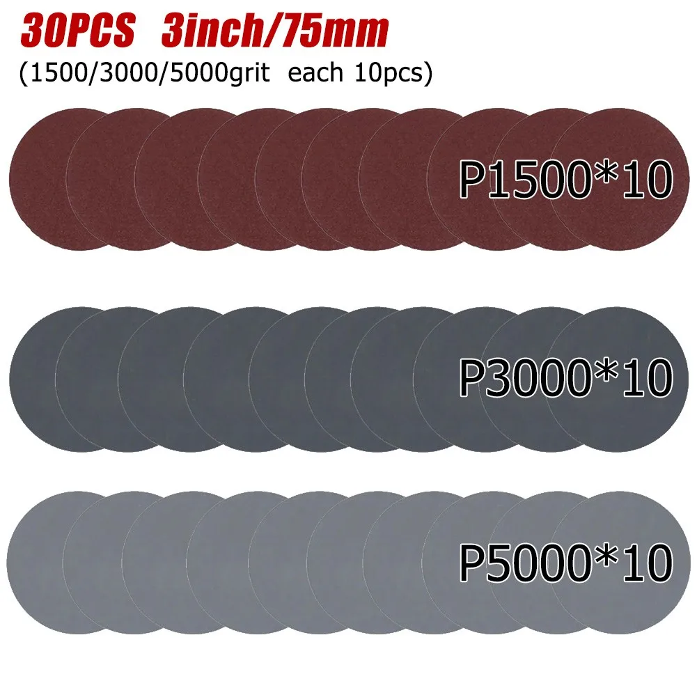 

30pcs 3inch(75mm) Sander Disc Sanding Pad 1500/3000/5000Grit Sandpaper For Wood Aluminum Non-ferrous Metal
