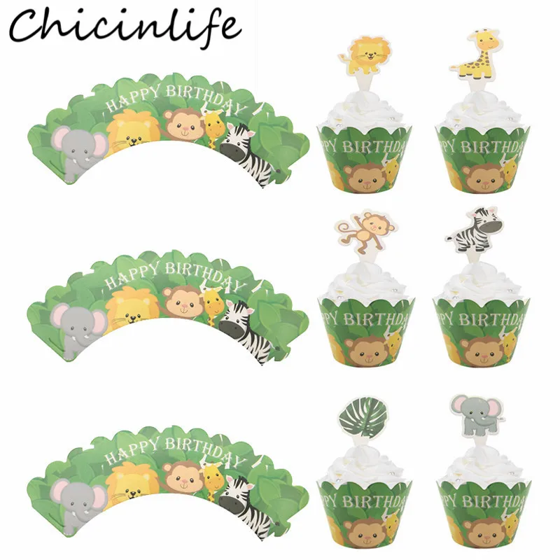 

12Pcs Jungle Safari Animal Lion Zebra Happy Birthday Cupcake Wrappers Kids Birthday Party Cake Baby Shower Forest Theme Supplies