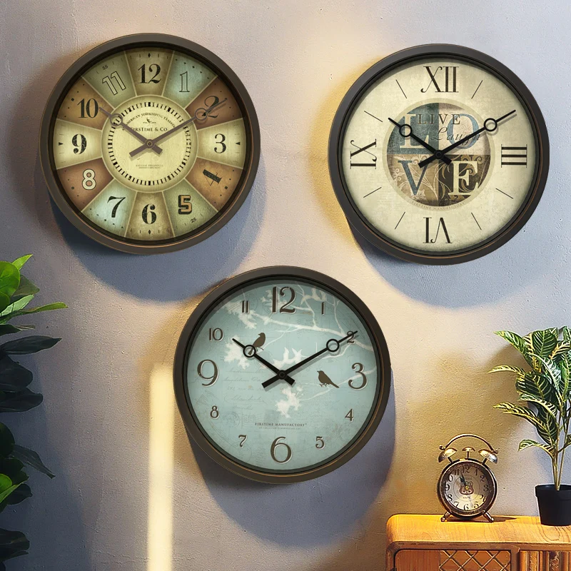 

Round Glass Wall Clock Living Room Silent American Country Wall Hanging Clock Retro Orologio Cucina Household Products EF50WC