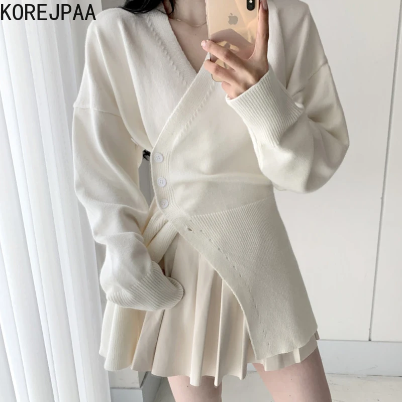 

Korejpaa Elegant Cross V-neck Cardigans Women 2021 Autumn New Casual Long Sleeve Slim Waist Knitted Sweater Button Up Gentle